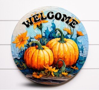 Wreath Sign, Welcome Orange & Blue Pumpkin Fall Metal Sugar Pepper Designs, Sign For Wreath, Supplies Decor