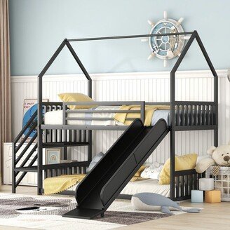 NOVABASA Twin over Twin Metal Bunk Bed House Bed with Slide and Staircase