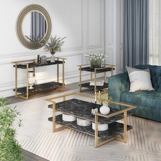 Lovell Glam Gold and Black Faux Marble 3-Piece Table Set with Shelfs