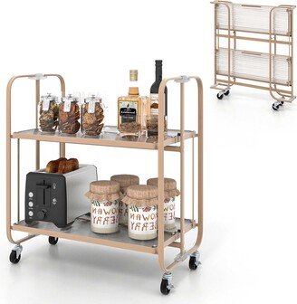 2-tier Foldable Kitchen Bar Cart Mobile Tempered Glass Serving