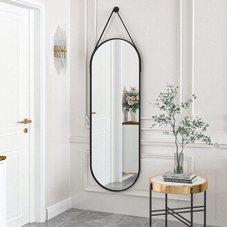 EPOWP Oval Hanging Mirror with Leather Strap Full Length Mirror Aluminum Frame Wall-Mounted Hanging Mirrors for Bathroom