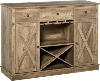 Homcom Farmhouse Coffee Bar Cabinet, Wine Cabinet with 3 Drawers, Sideboard Buffet Cabinet with X-Shaped Wine Rack and Stemware Holder, Rustic Oak Gra