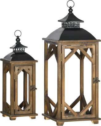 Homcom 2 Pack 31/21 Large Rustic Lantern Decorative, Hanging Wooden Metal Indoor Covered Outdoor Lantern for Home Decor, Black and Dark Wood Color