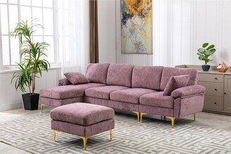 Calnod Living Room Sectional Sofa, L-Shaped Upholstered Couch with Movable Ottoman, Convertible Modular Sofa with Gold Metal Legs-AG