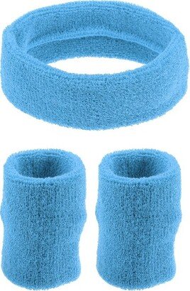 Unique Bargains Stretchy Cotton Blend Sweat Absorbing Sport Headband Wristband Sky Blue 3 pcs