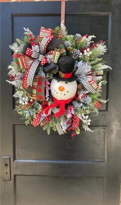 Realistic Large Festive Evergreen Frosted Pine Outdoor Winter Snowman Wreath For Front Door Porch Christmas Holiday With Traditional Colors