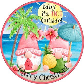 Pink Gnome Couple Merry Christmas On The Beach Wreath Sign, Palm Tree Sand & Ocean Attachment