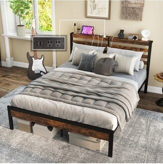 Full Industrial Metal Platform Bed Frame Charging Station Mattress Foundation