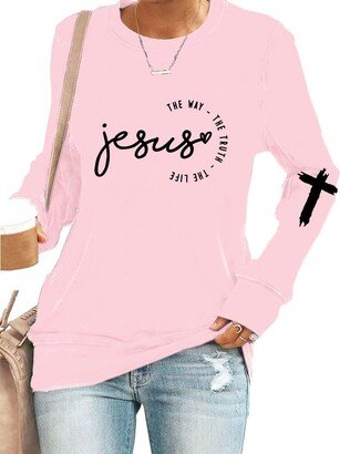 Generic Jesus the Way Truth Life John Sweatshirt Christian Crewneck Sweatshirts for Women Faith Christian Saying Shirts Light Pink