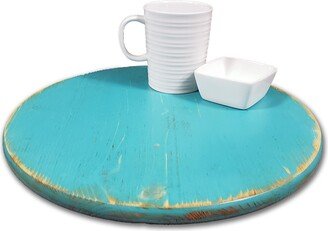 Turquoise Lazy Susan Turntable, Round Distressed Painted Pallet Table Riser, Rotating Dining Centerpiece, Spinning Serving Board