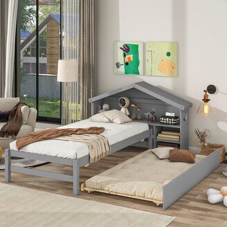 TOSWIN Twin Bed with Roofed Bookcase Headboard, Pull-Out Trundle