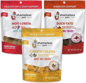 Shameless Pets Duck-Tato, Chick'n Colada, Moo Lobsta Jerky Bite Dog Treats, Moo Lobsta(1), Duck-Tato(1), Chick'N Colada(1) Variety Pack, 3 Count