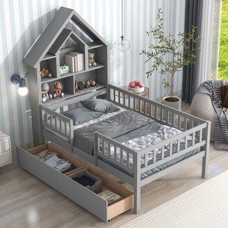 HOMEBAY Twin Size House-Shaped Headboard Bed with Fence Guardrails and Drawers