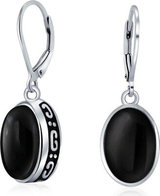 Bling Jewelry Simple Western Style 3.2CT Dyed Black Onyx Dome Oval Bezel Set Lever Back Dangle Earrings For Women .925 Sterling Silver