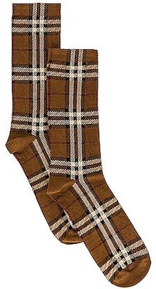 Cotton Cashmere Check Socks in Brown