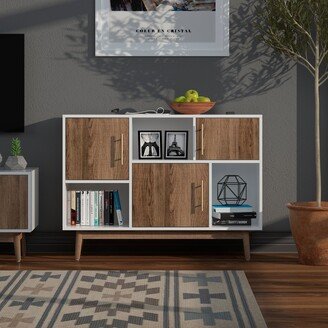TOSWIN Natural Solid Wood Bookcase with Foot Pads with Open and Closed Storage