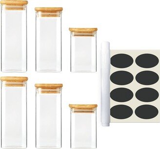 Cheer Collection Square Food Storage Glass Jars With Bamboo Covers, Set of 6