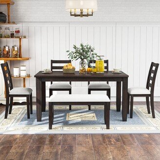 EDWINRAY 6-Piece Wooden Dining Room Table Set with 4 Upholstered Chairs & Bench-AA