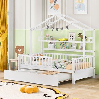 HOMEBAY Wooden Twin Size House Bed with Trundle,Kids Bed with Shelf