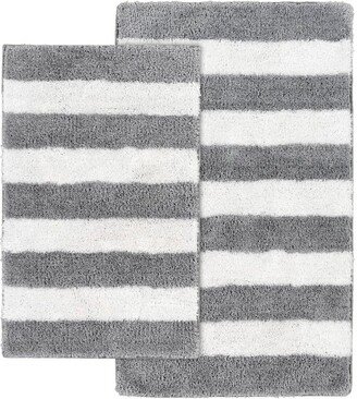 2pc Striped Washable Bathroom Rug Set Platinum Gray/White