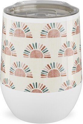 Travel Mugs: Sunshine - Block Print Boho Sun Print - Dusty Pink/Blue/Teracotta Stainless Steel Travel Tumbler, 12Oz, Pink