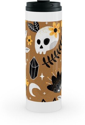 Travel Mugs: Black Cat & Floral Skull Stainless Mug, White, 16Oz, Brown