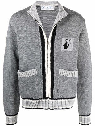 Varsity-stripe logo-patch knitted cardigan