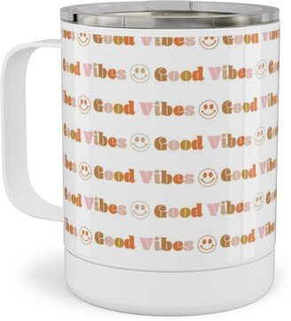 Travel Mugs: Good Vibes - Retro 70S Smiley Face - Earthy Stainless Steel Mug, 10Oz, Orange