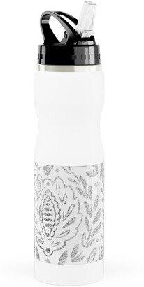 Photo Water Bottles: Distressed Damask Leaves - Grey Stainless Steel Water Bottle With Straw, 25Oz, With Straw, Gray