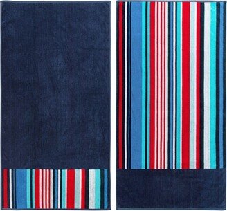 Nautical Stripe Cotton Oversized Reversible Beach Towel Set of 2, Navy Blue-Red - Blue Nile Mills