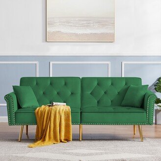 GEROJO Modern Velvet Tufted Sofa Couch with 2 Pillows, Convertible Folding Loveseat with Nailhead , Futon Sofa Bed for Living Room