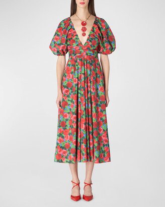 Ruched V-Neck Floral Print Midi Dress-AA