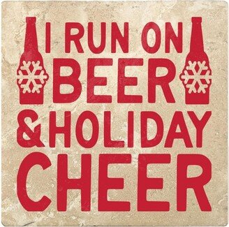 Set of 4 Ivory and Red I RUN ON BEER and HOLIDAY CHEER Square Coasters 4