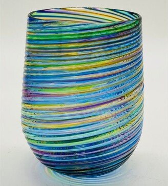 Hand Blown Glass Blue Mix Optic Twist Stemless Wine Glass