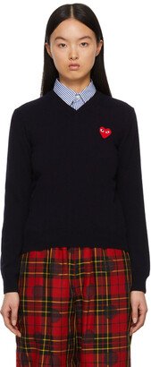 Navy & Red Heart Patch V-Neck Sweater