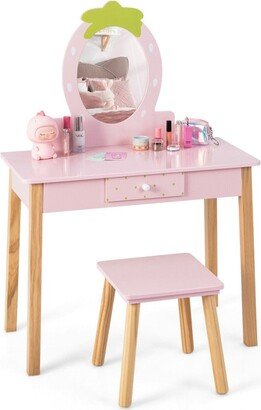 2-in-1 Children Vanity Table Stool Set with Mirror-Pink - N/A