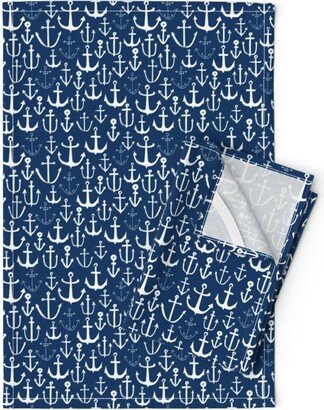 Blue Anchors Tea Towels | Set Of 2 - On Navy By Andrea Lauren Nautical Beach Coastal Ocean Linen Cotton Spoonflower