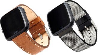 WITHit Brown Premium Leather Band with White Stitching and Black Premium Woven Nylon Band Set, 2 Piece Compatible with the Fitbit Versa and Fitbit Ver