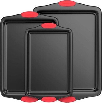 Kitchen Oven Non Stick Gray Coating Carbon Steel 3 Piece Cookie Sheets Bakeware Set with Heat Resistant Red Silicone Handles (2 Pack)