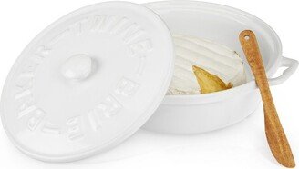 Ceramic Brie Baker with Wood Spreader, Brie Baker with Lid, Acacia Wood Spreader, White Ceramic, Set of 1