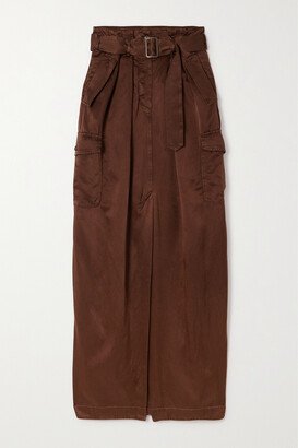 Belted Satin-twill Maxi Skirt - Brown