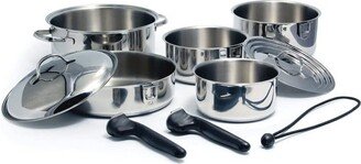 Camco 10 Piece Stainless Steel Cookware Nesting Pots and Pans Set w/Lids, Detachable Handles & Storage Strap for Camping, Tailgating, Boat, and RV