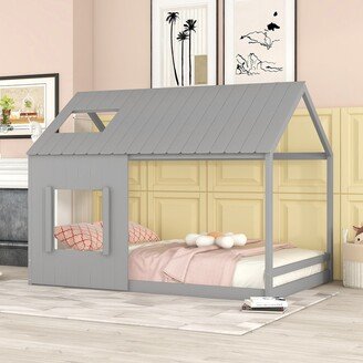 EHEK Full Size House Bed with Roof and Window, Pinewood Open Bed Frame