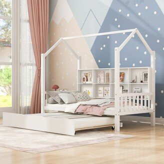 TOSWIN Wooden Twin Size House Bed Pull-out Bed with Trundle, Kids Bed with Storage Shelf