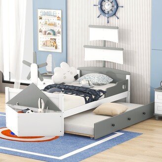 Twin Size Boat-Shaped Platform Bed with Twin size Trundle,Twin Bed with Storage for Bedroom