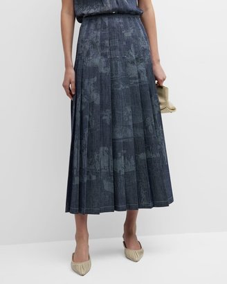 Pleated Topstitch Cotton Midi Skirt-AA