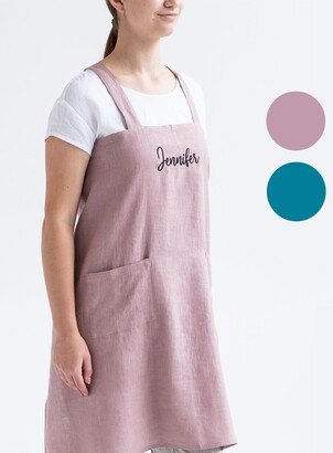 Embroidered Linen Apron. Personalized Japanese Cross Back Monogrammed Cross Over No Ties Apron