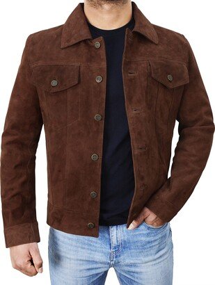 III-Fashions Mens Trucker Leather Jacket Slim Fit Classic Geniune Suede Leather Vintage Trucker Jacket (Logn