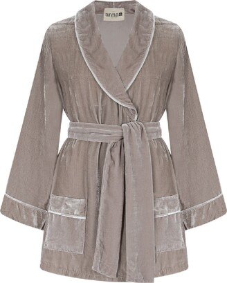 The Annam House Velvet Short Robe With Belt - Cool Grey