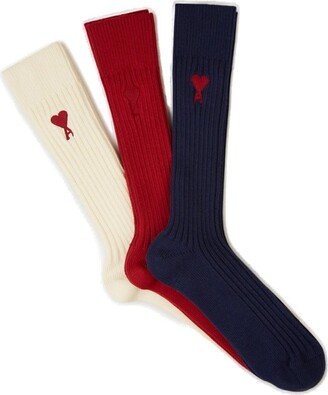 Paris Logo Embroidered Ribbed 3-Pack Socks-AB